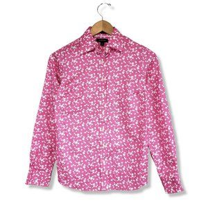 Lands' End No Iron Pinpoint Oxford Pink and White Floral Button-up Size 2